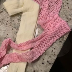 Fun fishnet pantihose, 2pr., pink, cream, size small.